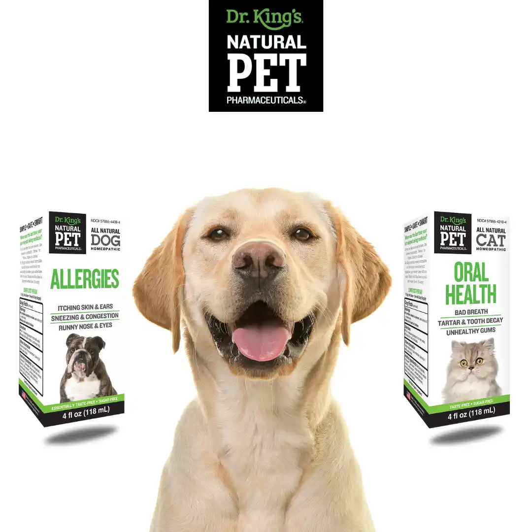 Natural pet pharmaceuticals logo over picture of puppy and kitten